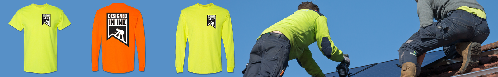 Roofers shirts, headwear, and safety vests