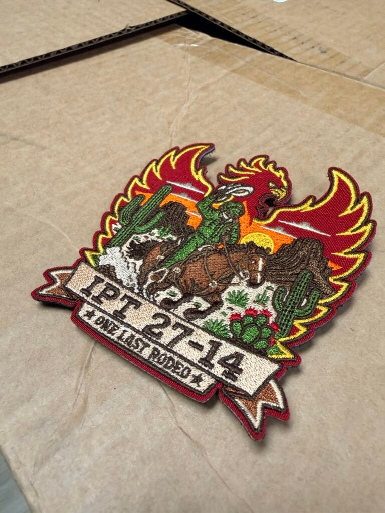 Multi-color custom embroidered patch with phoenix bird, saguaro cactus and horse, made in Phoenix Arizona