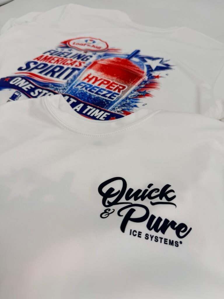 White performance t-shirts with full-color direct-to-film prints, produced in Phoenix Arizona