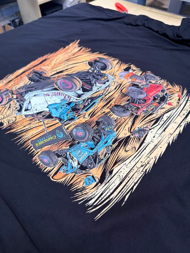 Detailed multi-color screen printed graphic on a navy t-shirt, printed in Phoenix Arizona